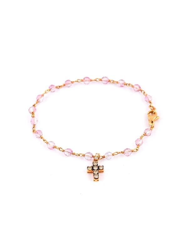 BRACCIALE IN ORO ROSA 18KT E TORMALINA CON CROCE IN DIAMANTI