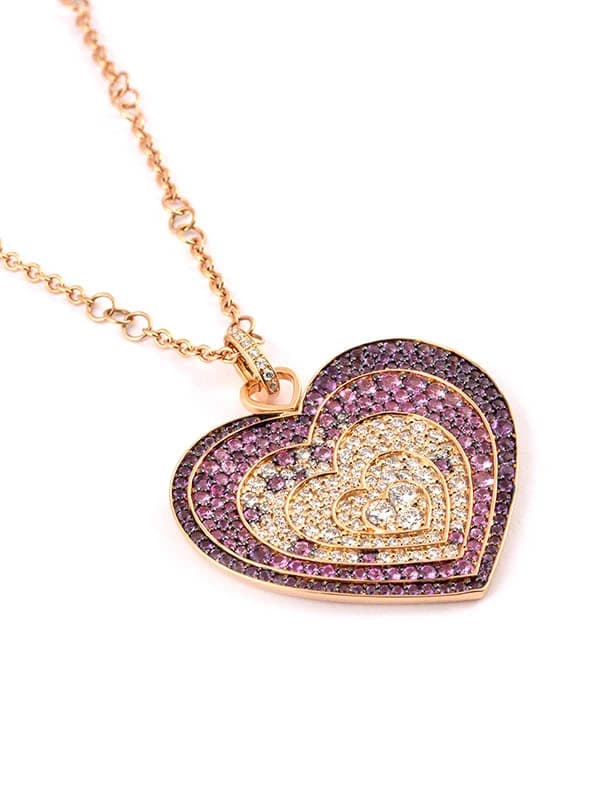 GIROCOLLO IN ORO ROSA 18KT CON CUORE DI DIAMANTI ZAFFIRI E AMETISTA