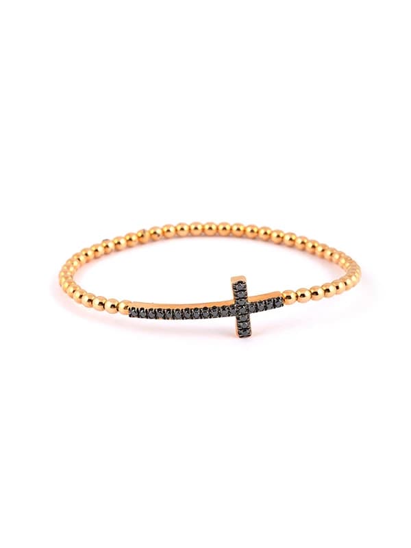 BRACCIALE A MOLLA PALLINE IN ORO ROSA 18KT CROCE CON DIAMANTI NERI