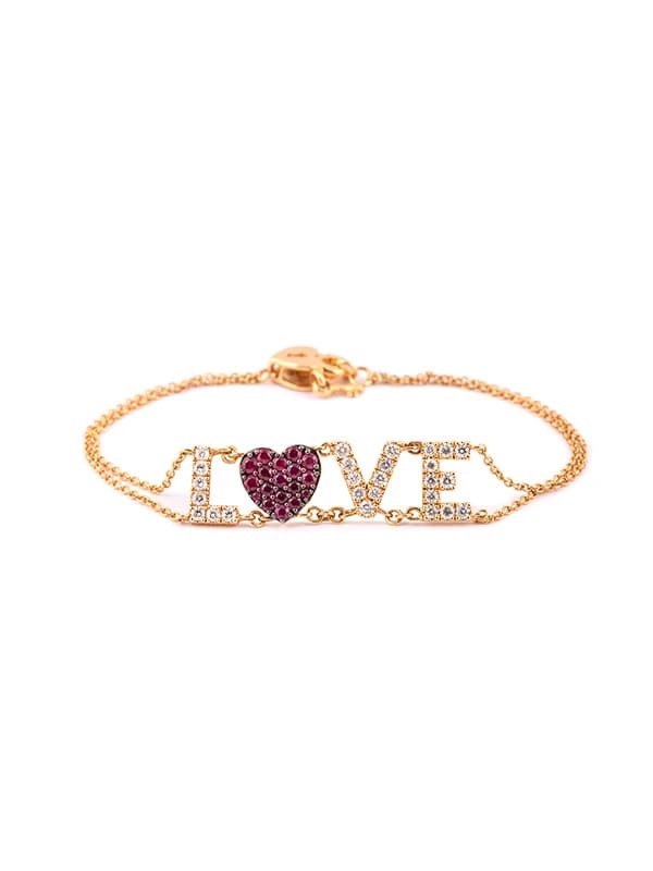 BRACCIALE IN ORO ROSA 18KT SCRITTA LOVE CON DIAMANTI BIANCHI E RUBINI
