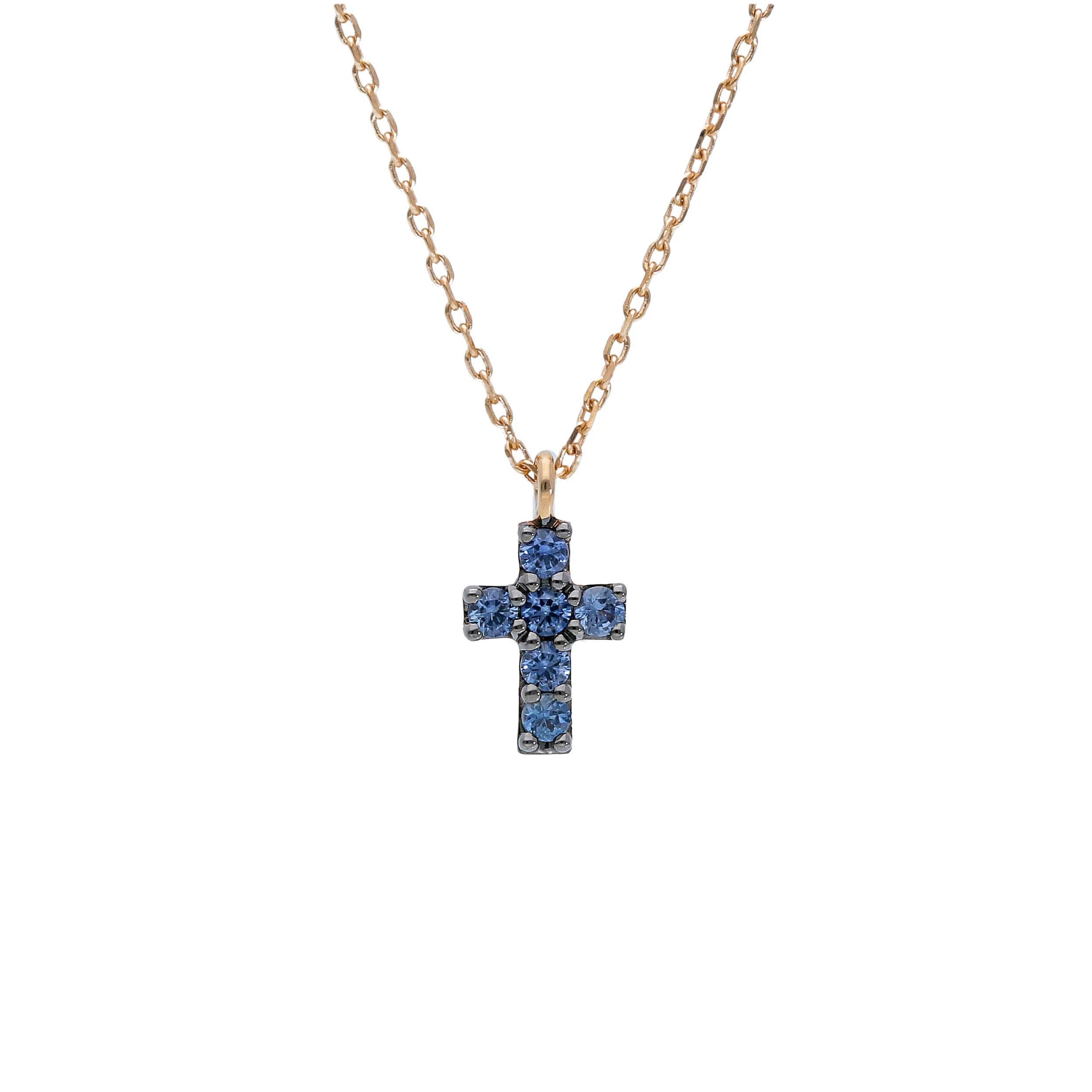 GIROCOLLO IN ORO ROSA 18KT CON CROCE DI ZAFFIRI BLU