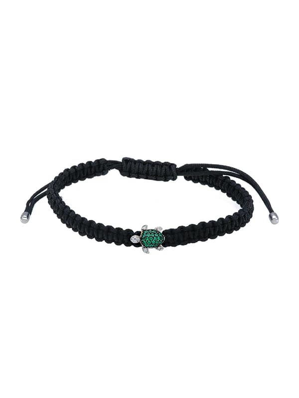 BRACCIALE CORDINO IN CUOIO TARTARUGA IN ORO BIANCO 18KT CON DIAMANTI E SMERALDI