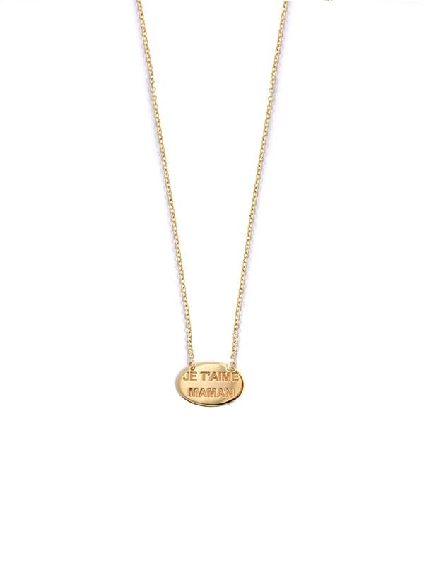 GIROCOLLO IN ORO GIALLO 9KT OVALE IN LASTRA SCRITTA JE T'AIME MAMAN