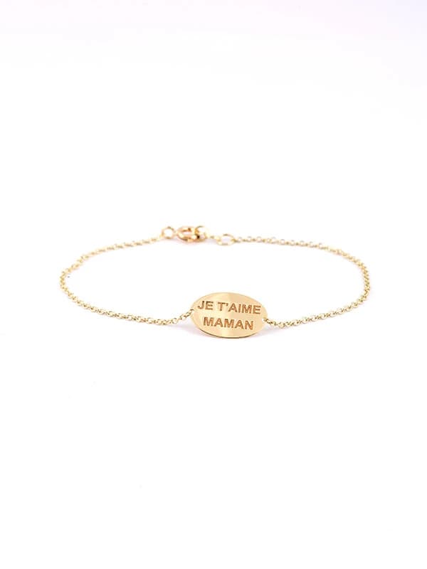 BRACCIALE IN ORO GIALLO 9KT OVALE IN LASTRA SCRITTA JE T'AIME MAMAN