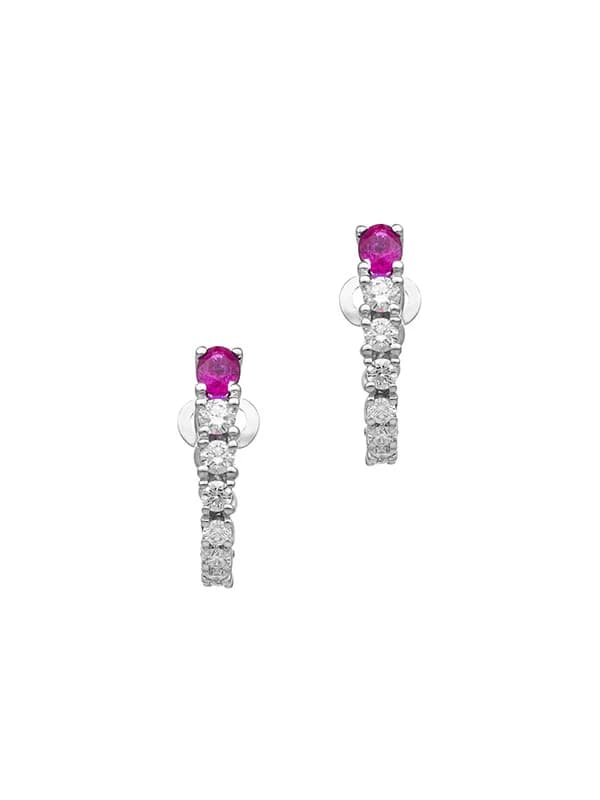 ORECCHINI IN ORO BIANCO 18KT CON RUBINO TAGLIO OVALE E DIAMANTI A SCALARE