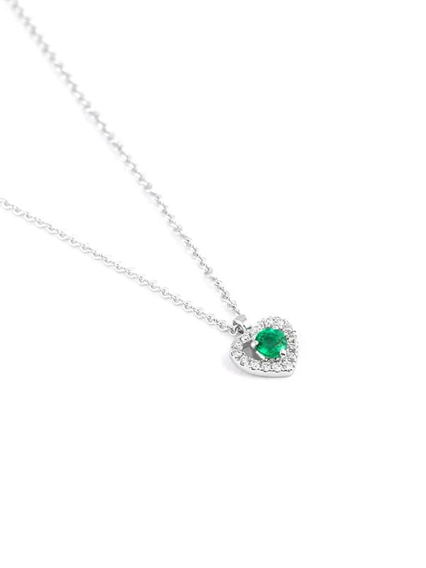 GIROCOLLO IN ORO BIANCO 18KT CON SMERALDO TAGLIO CUORE E DIAMANTI