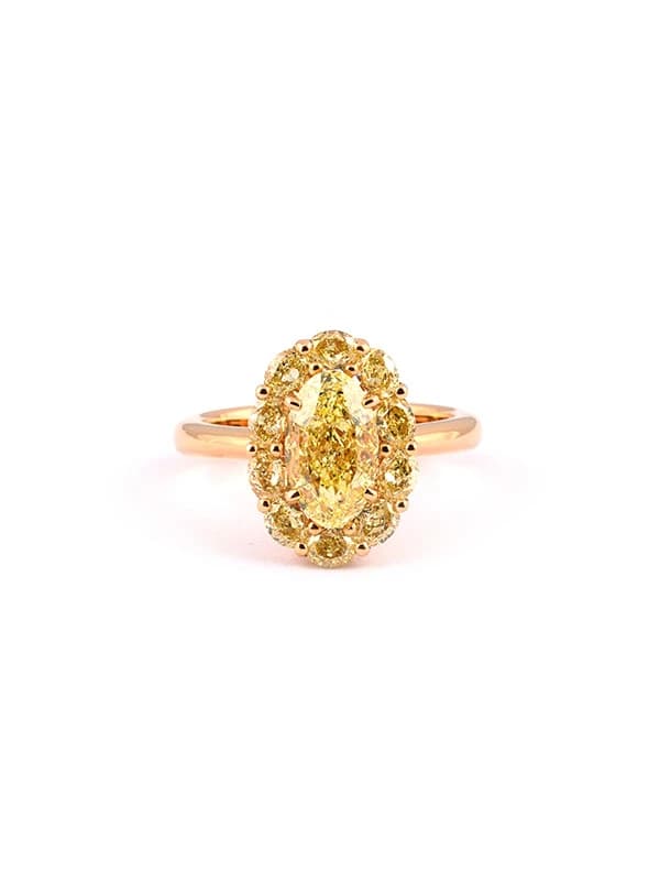 ANELLO IN ORO GIALLO 18KT CON DIAMANTE FANCY YELLOW NAVETTE E DIAMANTI FANCY YELLOW