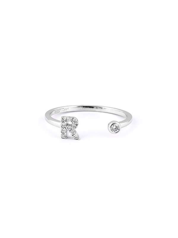 ANELLO IN ORO BIANCO 18KT LETTERA R CON DIAMANTI