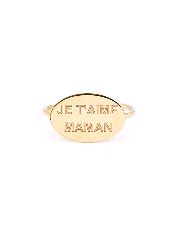 ANELLO IN ORO GIALLO 9KT OVALE IN LASTRA SCRITTA JE T'AIME MAMAN