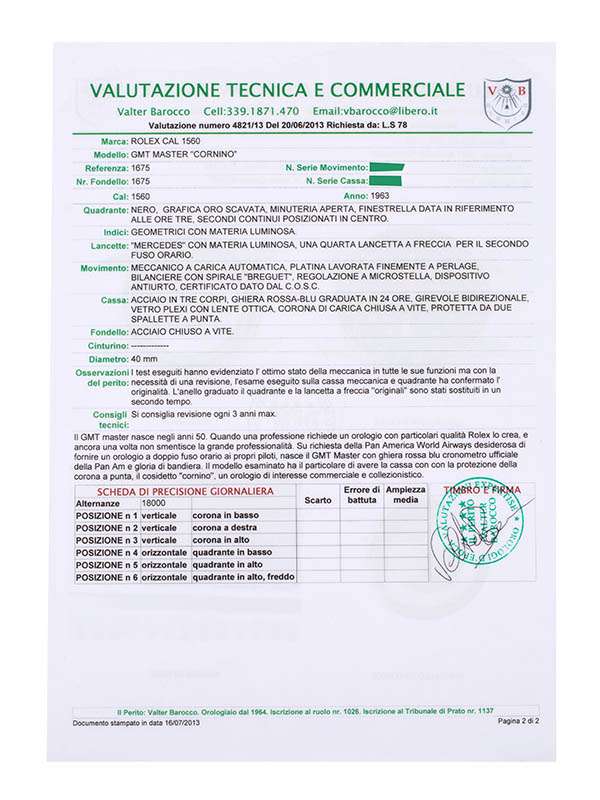 ROLEX GMT-MASTER CORNINO CON PERIZIA 40MM IN ACCIAIO REF. 1675