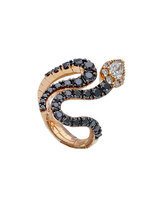 ANELLO SERPENTE IN ORO ROSA 18KT CON DIAMANTI BIANCHI E DIAMANTI NERI