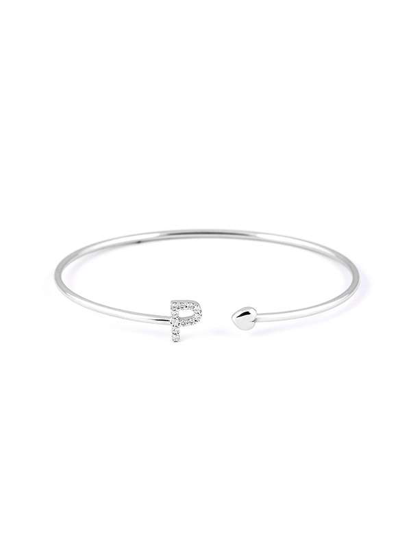 BRACCIALE RIGIDO IN ORO BIANCO 18KT CON CUORE E LETTERA P DI DIAMANTI