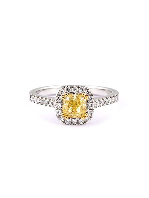 ANELLO IN ORO BIANCO 18KT CON DIAMANTE FANCY YELLOW E DIAMANTI