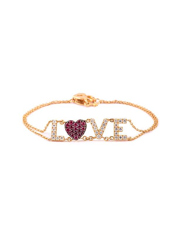 BRACCIALE IN ORO ROSA 18KT SCRITTA LOVE CON DIAMANTI BIANCHI E RUBINI