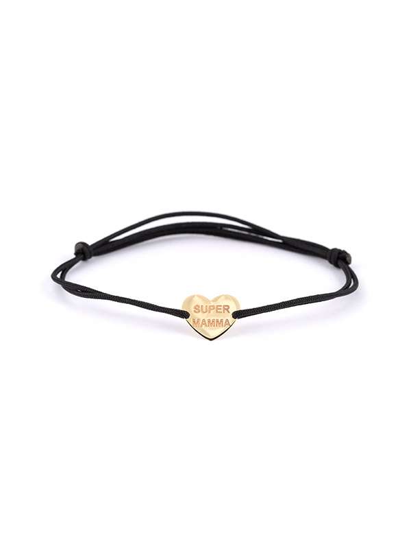 BRACCIALE CON CORDINO E CUORE IN LASTRA IN ORO GIALLO 9KT SCRITTA SUPER MAMMA