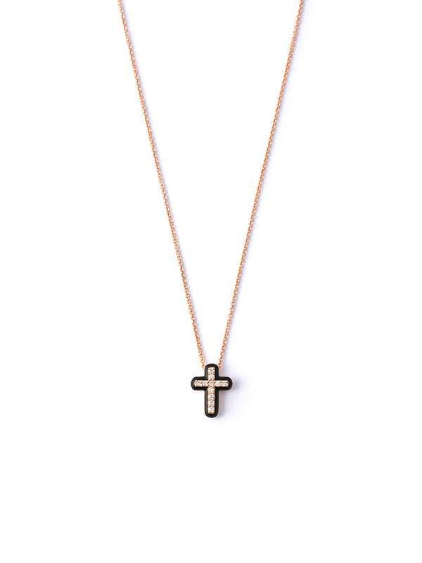 GIROCOLLO IN ORO ROSA 18KT CROCE SMALTATA NERA CON DIAMANTI BIANCHI