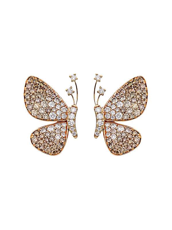 ORECCHINI IN ORO ROSA 18KT FARFALLA CON DIAMANTI BIANCHI E DIAMANTI BROWN
