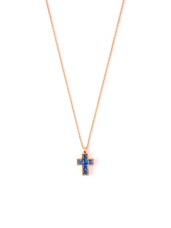 GIROCOLLO IN ORO ROSA 18KT CROCE CON ZAFFIRI BLU