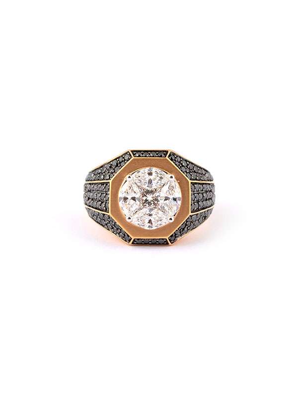 ANELLO IN ORO ROSA 18KT CON DIAMANTI TAGLIO MULTIPLO E DIAMANTI NERI