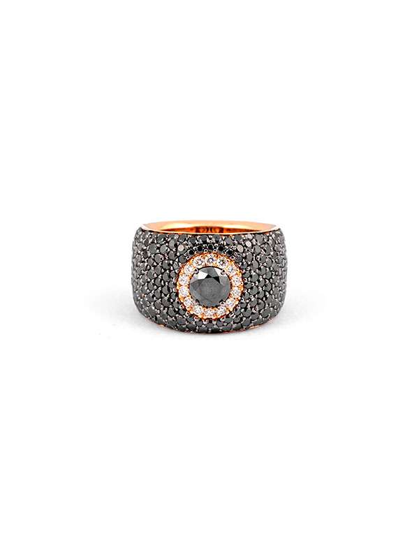 ANELLO PAVE' A FASCIA IN ORO ROSA 18KT CON DIAMANTI NERI E DIAMANTI BIANCHI