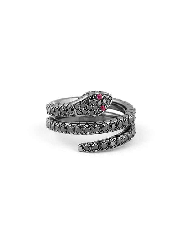 ANELLO SERPENTE IN ORO BIANCO BRUNITO 18KT CON DIAMANTI NERI E RUBINI