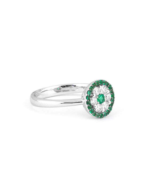 ANELLO IN ORO BIANCO 18KT TONDINO CON DIAMANTI E SMERALDI