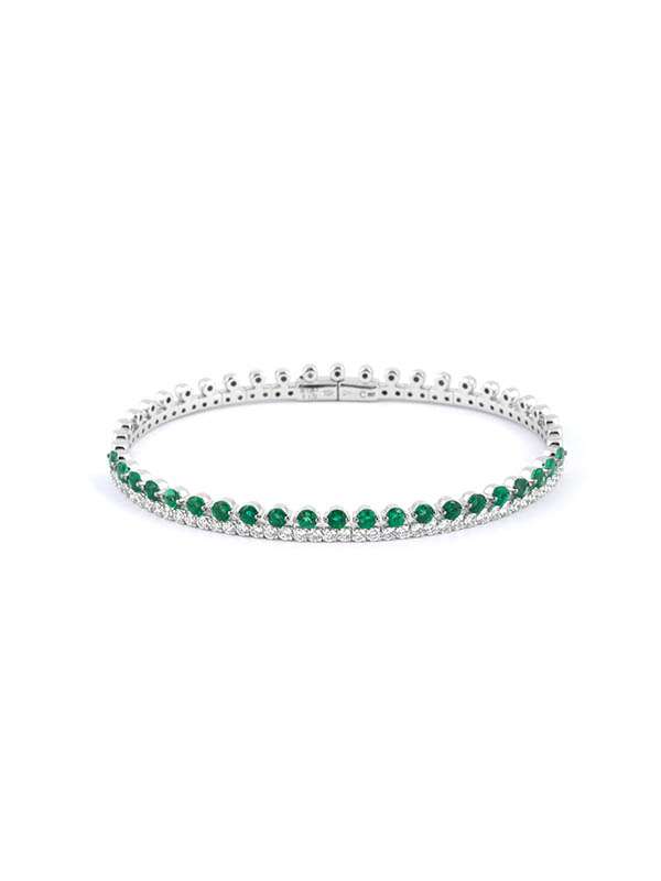 BRACCIALE RIGIDO A MOLLA IN ORO BIANCO 18KT CON DIAMANTI E SMERALDI