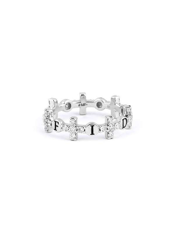 ANELLO FANTASIA IN ORO BIANCO 18KT CON DIAMANTI CON CROCI E SCRITTA FIDES