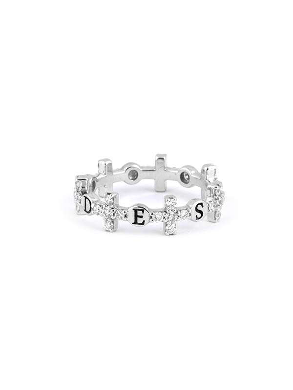 ANELLO FANTASIA IN ORO BIANCO 18KT CON DIAMANTI CON CROCI E SCRITTA FIDES
