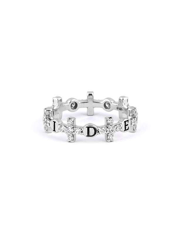 ANELLO FANTASIA IN ORO BIANCO 18KT CON DIAMANTI CON CROCI E SCRITTA FIDES