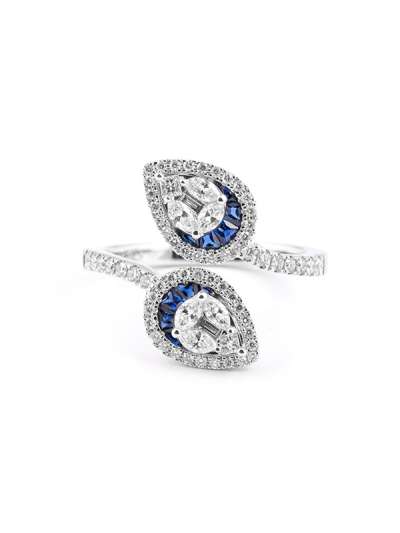 ANELLO CONTRARIE' IN ORO BIANCO 18KT CON DIAMANTI E ZAFFIRI BLU