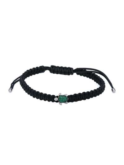 BRACCIALE CORDINO IN CUOIO TARTARUGA IN ORO BIANCO 18KT CON DIAMANTI E SMERALDI