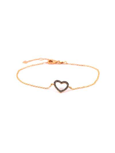 BRACCIALE IN ORO ROSA 18KT CON CUORE VUOTO MEDIO E DIAMANTI NERI