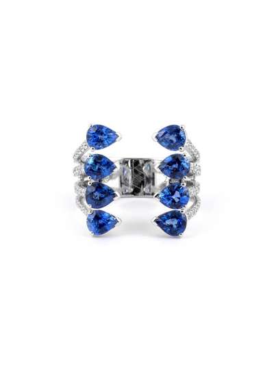 ANELLO IN ORO BIANCO 18KT CON DIAMANTI E ZAFFIRI A GOCCIA