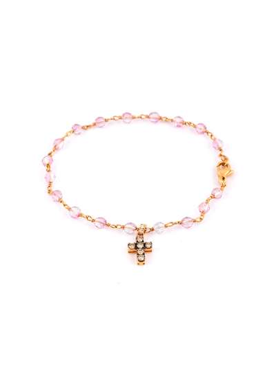 BRACCIALE IN ORO ROSA 18KT E TORMALINA CON CROCE IN DIAMANTI
